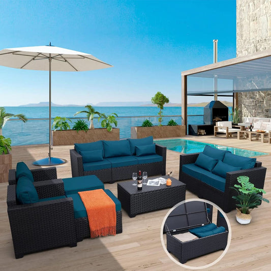 Patio Furniture Set 7 Piece Peacock Blue Anti Slip Cushions-1