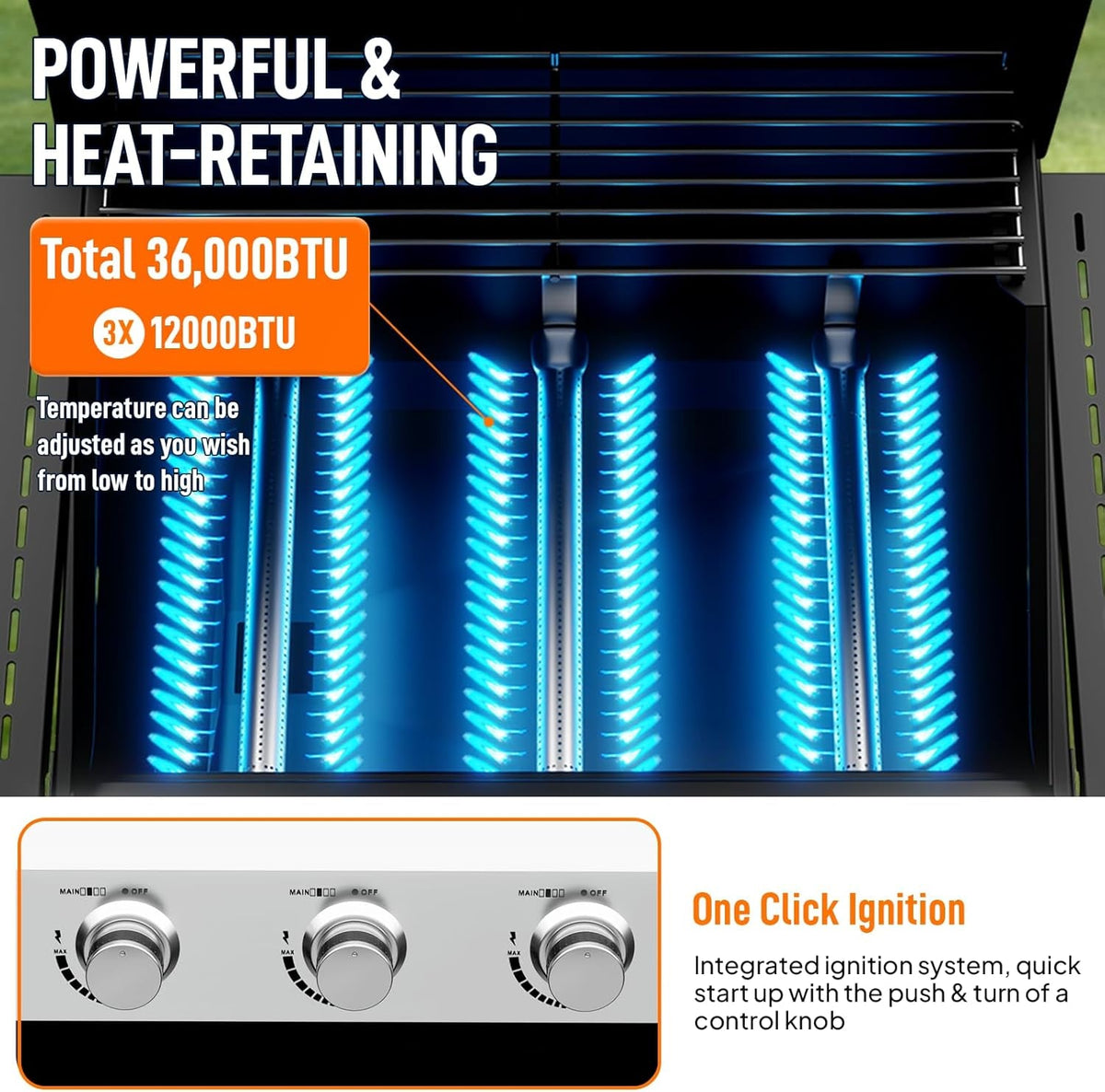 Three Burner Portable Propane Grill Weather Resistant BTU