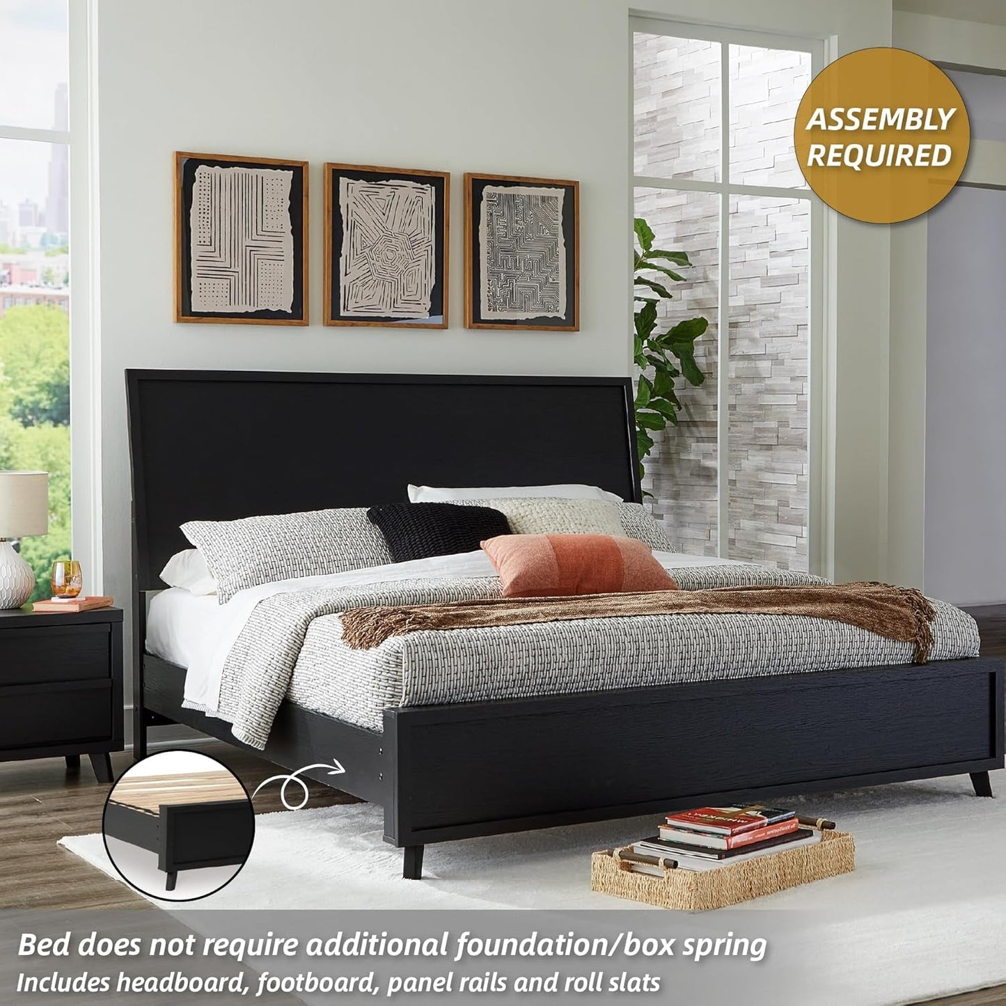 King Platform Bed Black Matte Finish Engineered Wood