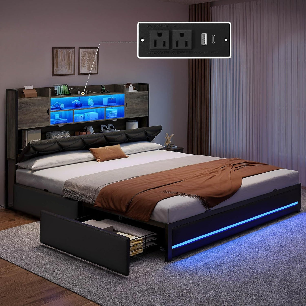 Queen Luxurious Upholstered Bed Frame RGBLED Lighting-4