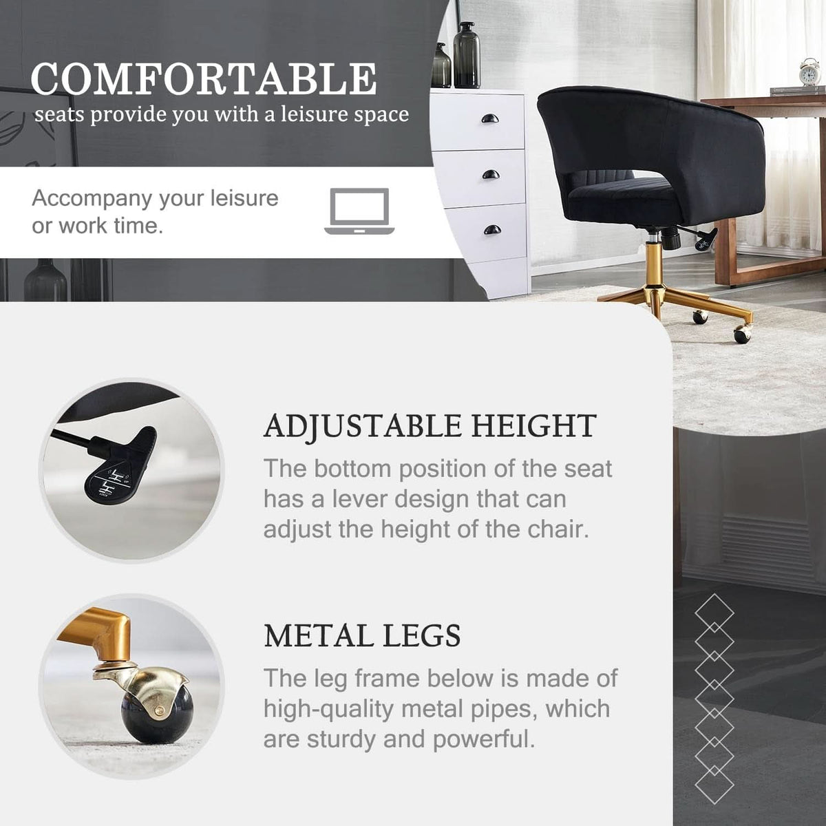 Velvet Home Office Chair 360 Degree Swivel Black Lux Velvet-4
