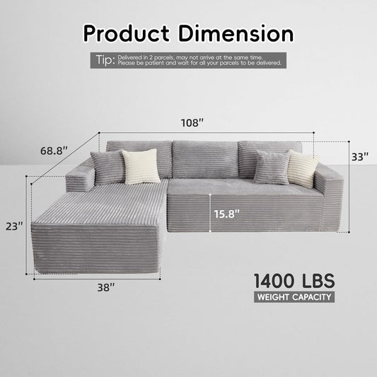 108 Inch Grey Upholstered Modular Sectional Chaise