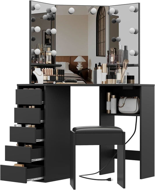 Corner Vanity Desk Black Illuminated Mirror Lights