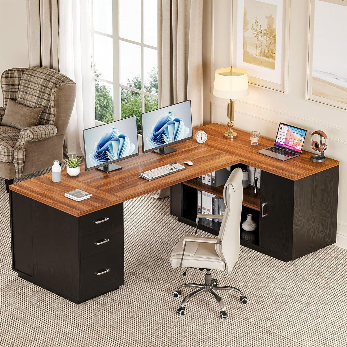 87 Brown Executive Desk Integrated Filing Cabinetry