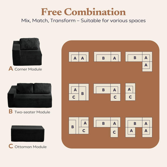 106Inch Black Convertible Corduroy Modular Sectional Sofa
