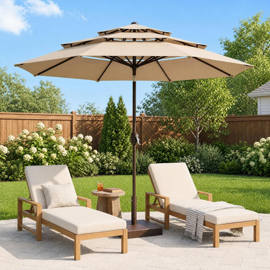 10Ft Champagne Fiberglass Ribs Patio Umbrella Push Button Tilt