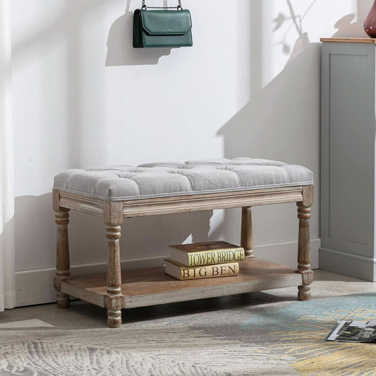Grey Tufted Upholstered Storage Ottoman Bench Shelf