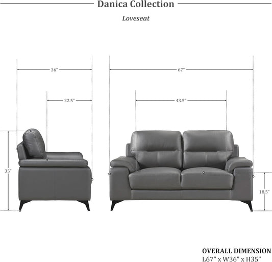Top Grain Leather Two Piece Living Room Sofa Set Dark Gray