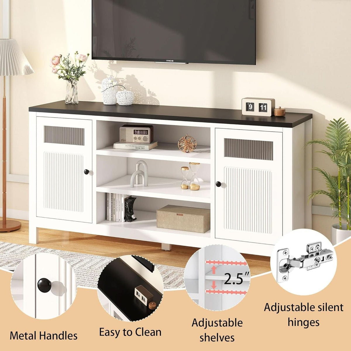 White TV Stand 63 Inch Modern Hidden Storage Console