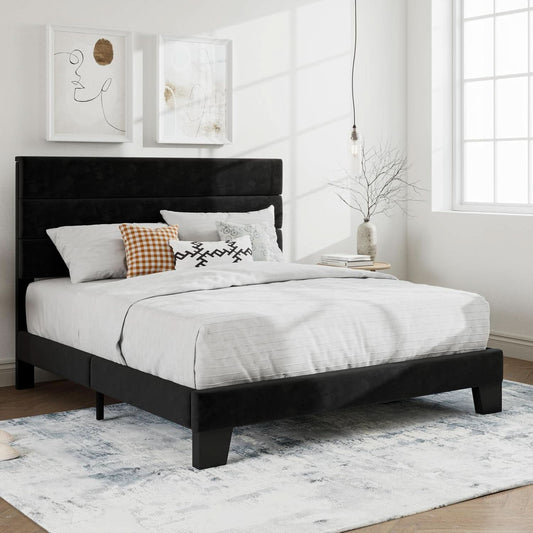 Standard Platform Bed Frame Velvet Headboard Black