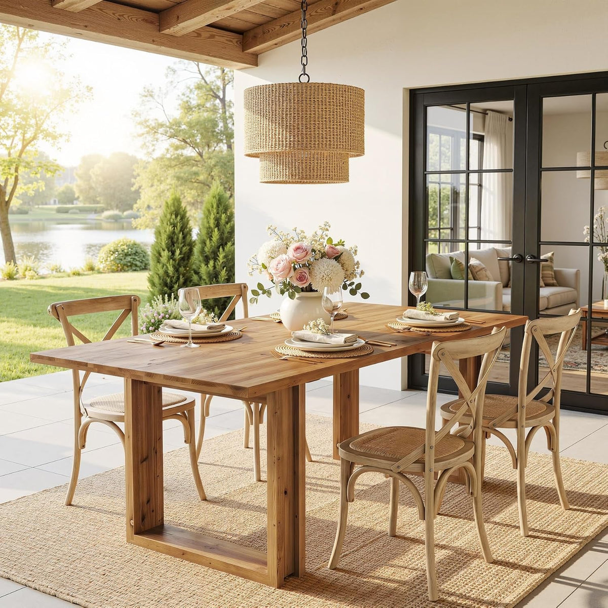 Solid Fir Wood Dining Table SixtyThree Inch Weathered Brown Finish