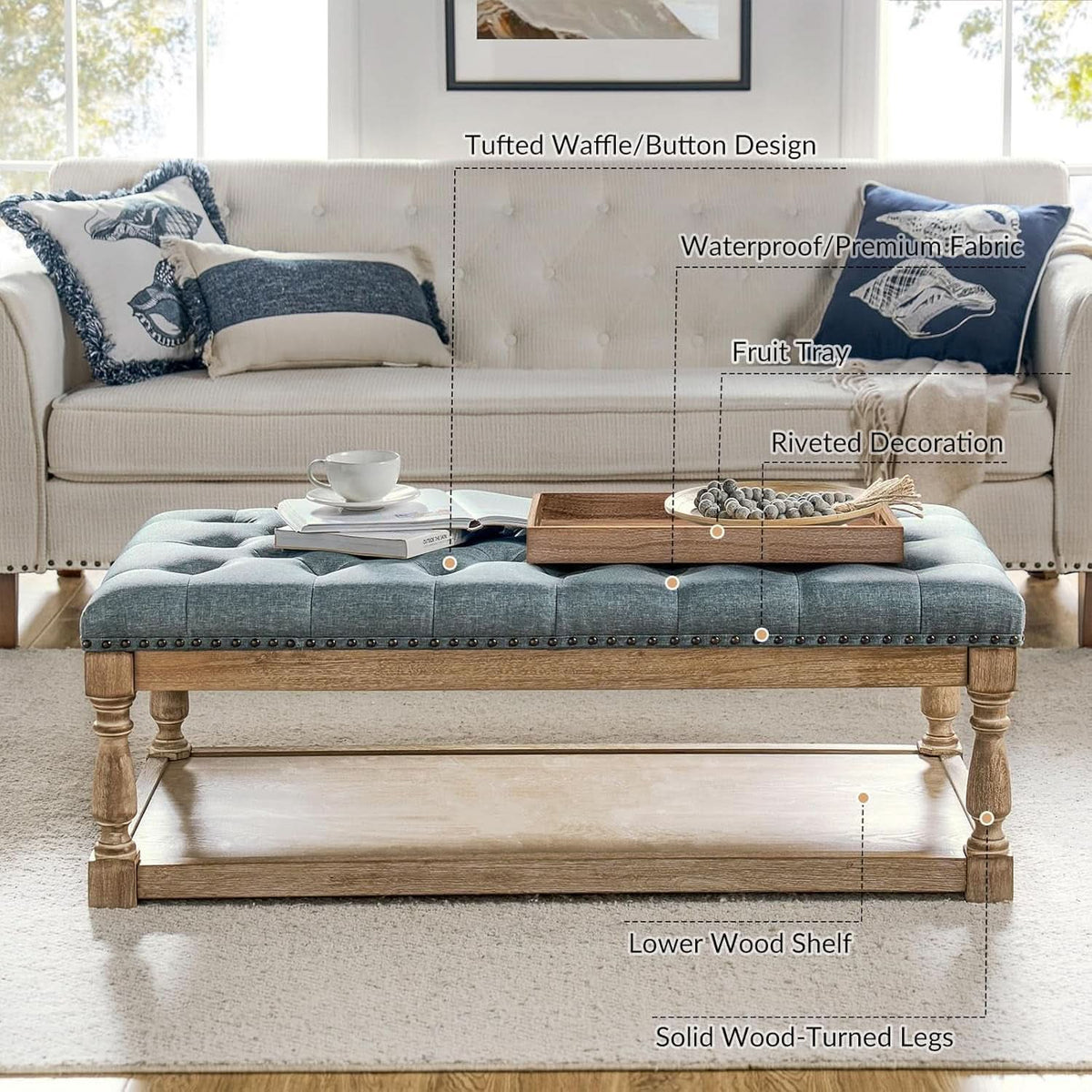 Blue Rectangular Upholstered Ottoman Coffee Table Tray