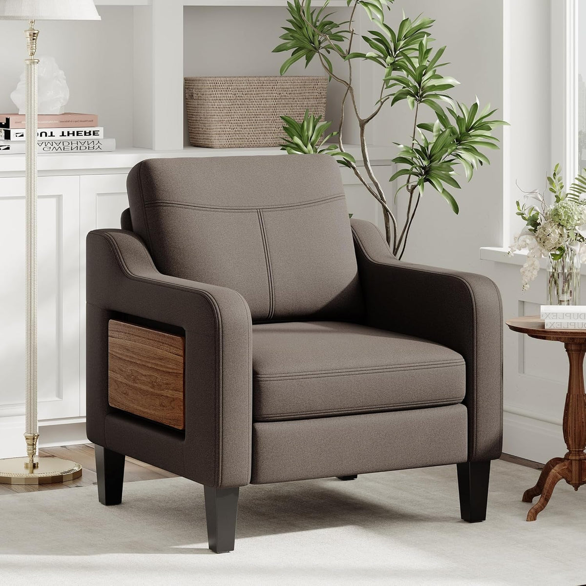 Linen Upholstered Accent Chair With Foldable Table