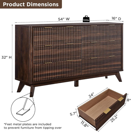 Dark Walnut Contemporary Fluted Six Drawer Dresser