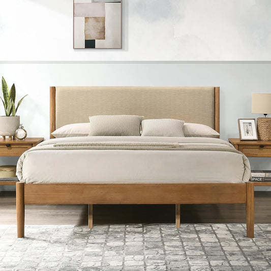 Luxurious Rubberwood Platform Bed Light Walnut King