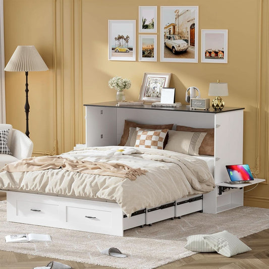 Queen Murphy Cabinet Bed With Storage Charging Station-1