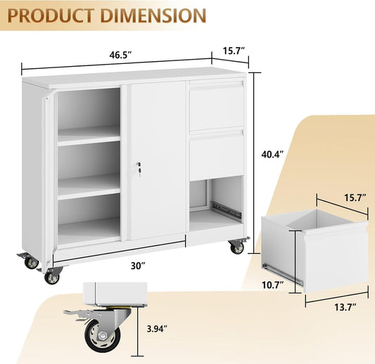 Forty Seven Inch Brilliant White Finish Rolling File Cabinet
