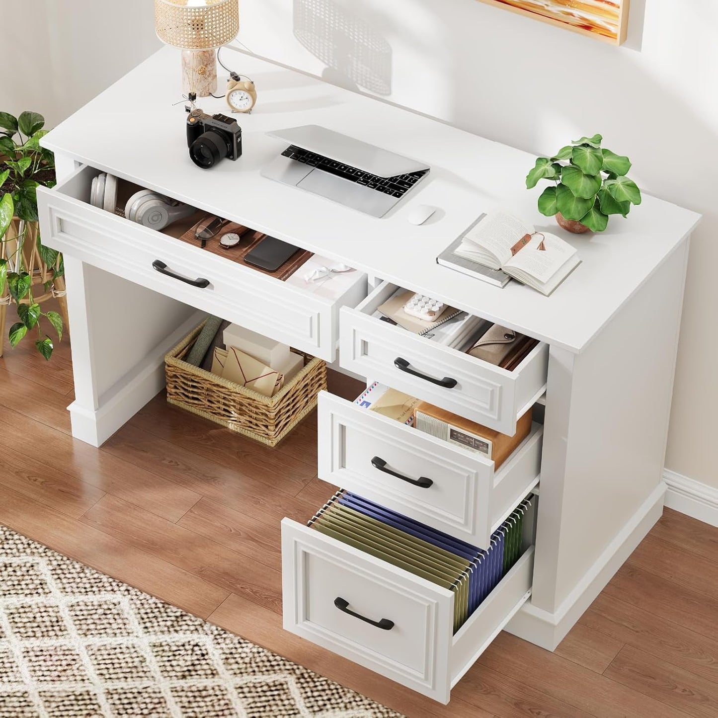 Cream White Farmhouse Executive Desk Featuring Drawers