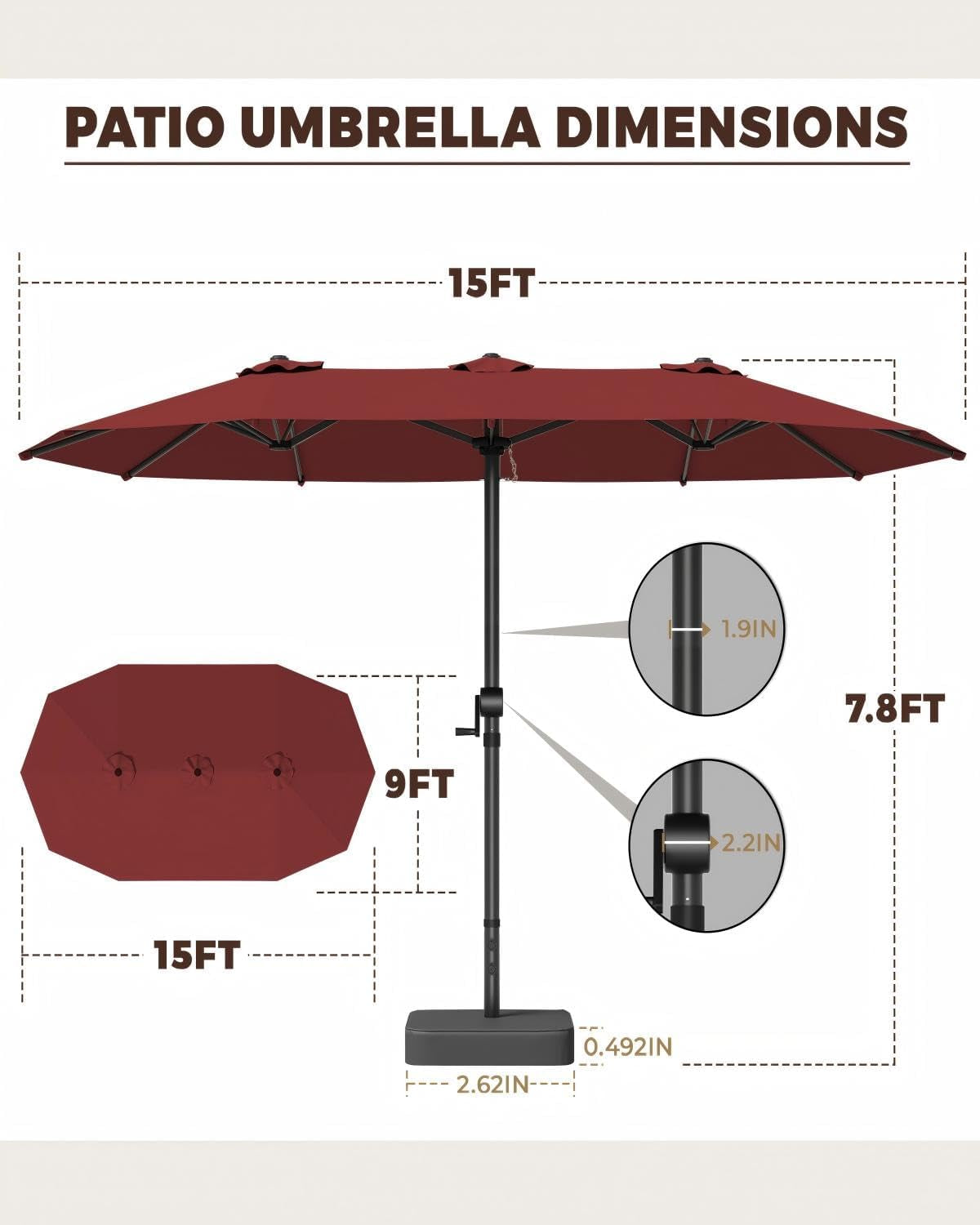 Fifteen Foot Burgundy Patio Umbrella With Base Included