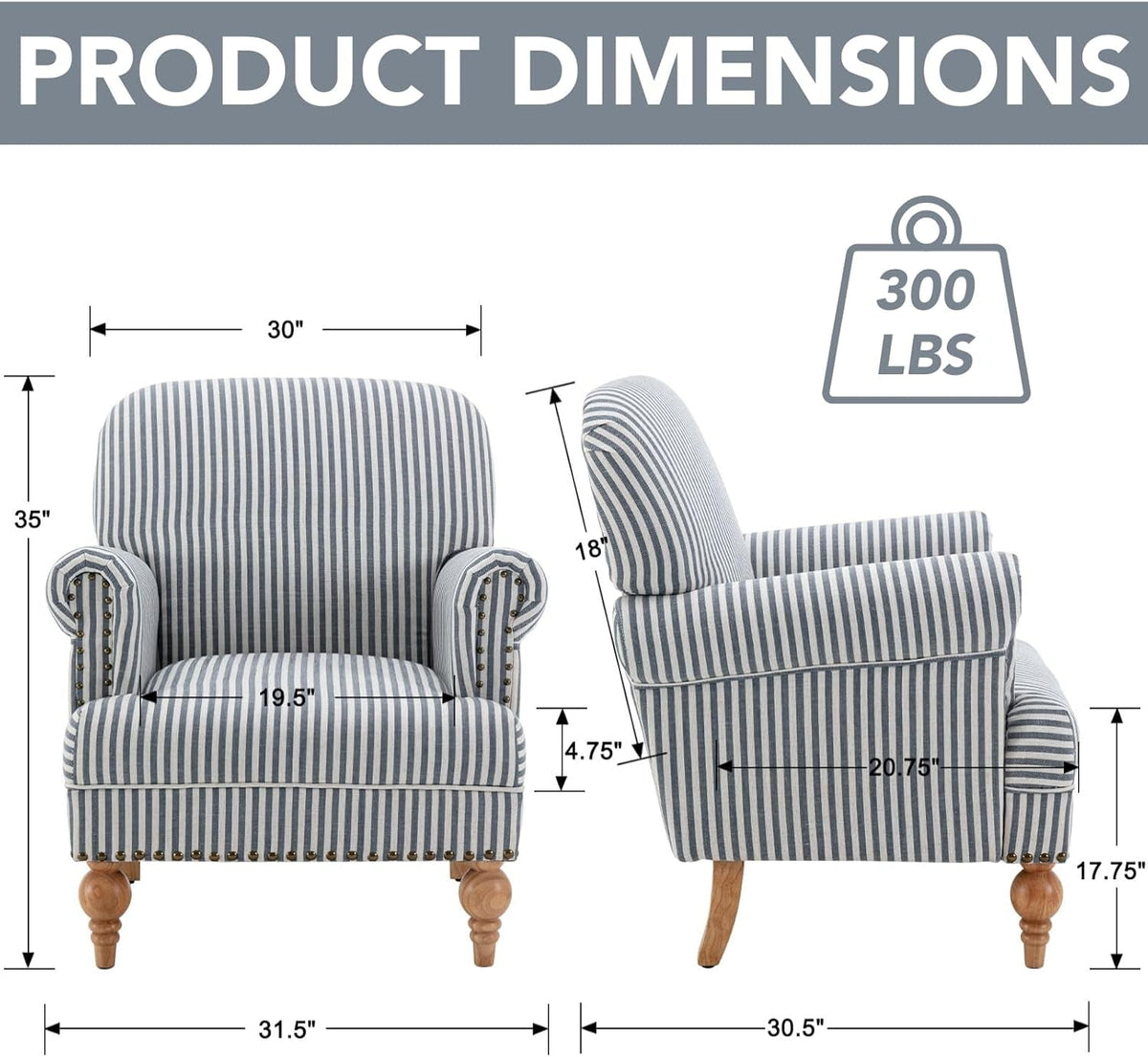 Blue Upholstered Coastal Accent Chair Nailhead Trim