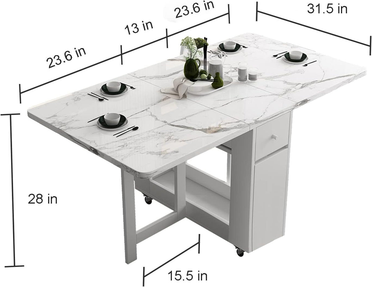 White Folding Extendable Dining Table Marble Storage