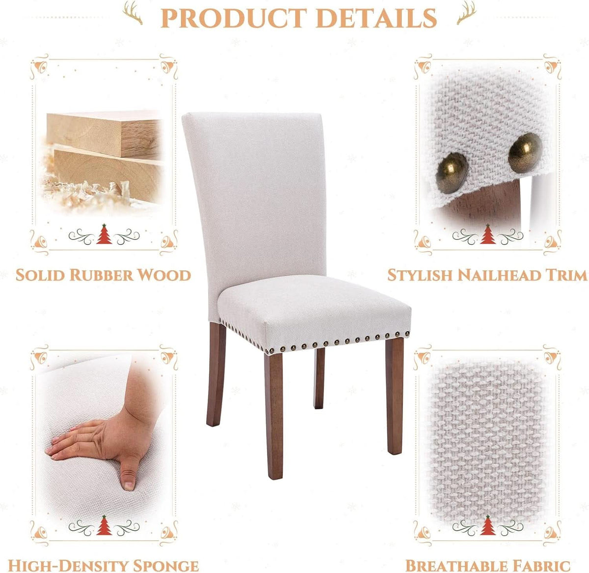 Parsons Dining Chairs Beige Upholstered Nailhead Set of 4