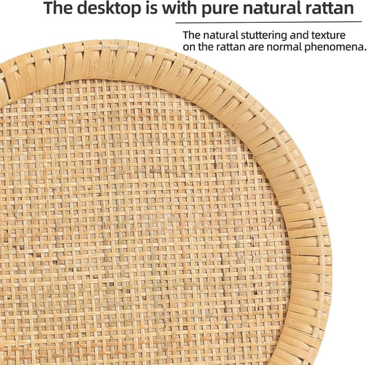 Rattan Circular Round End Table With Solid Walnut Wood Legs