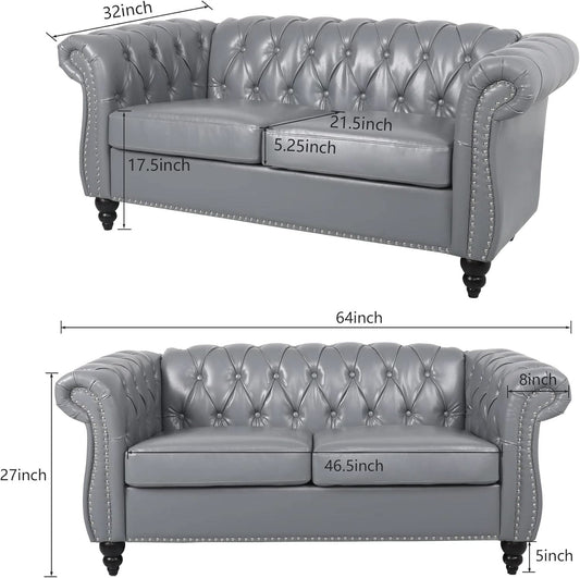 Grey Chesterfield Leather Living Room Set With Scroll Arms