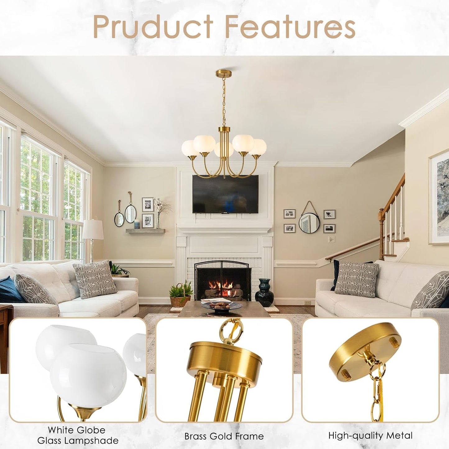 Goldtone Finish Five Lighting Milk Glass Chandelier-4