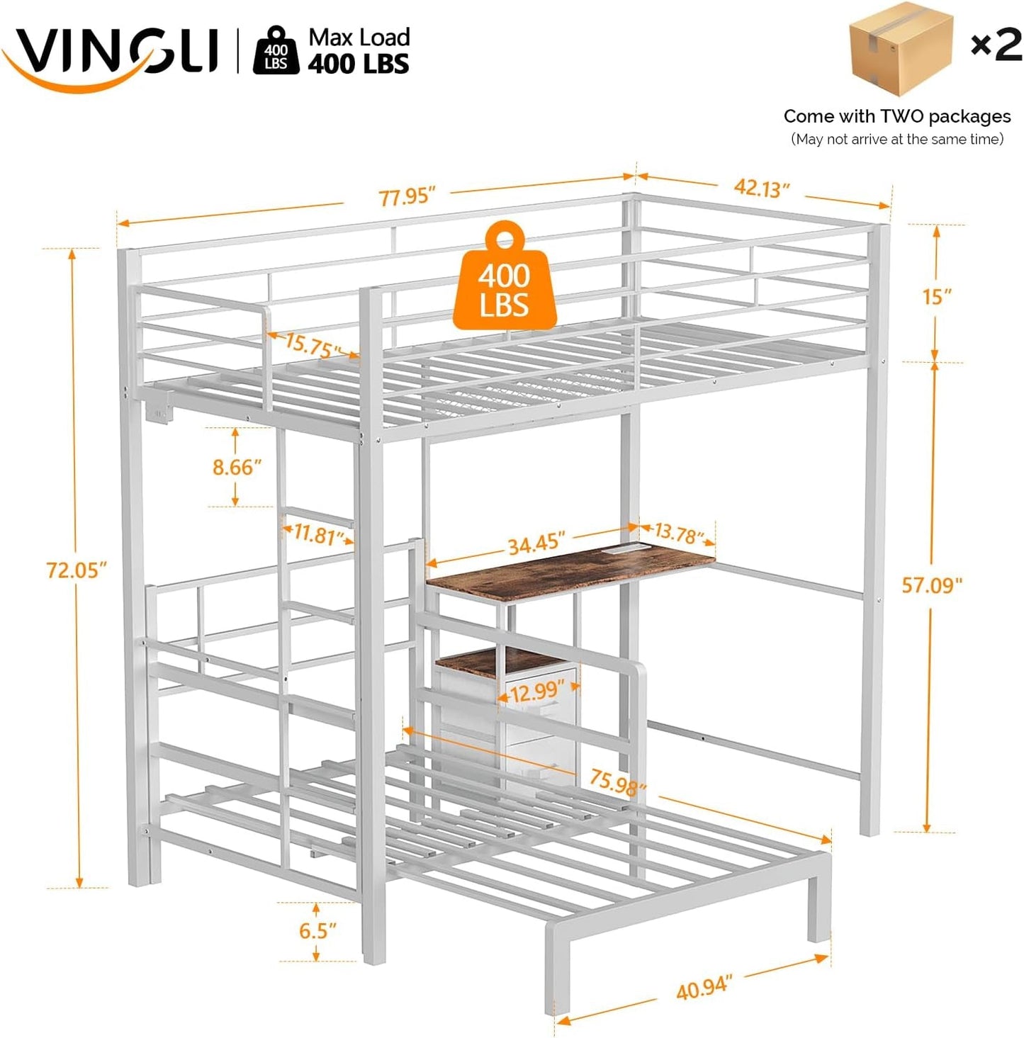 Twin Over Twin Metal Loft Bunk Bed With Desk LED Storage Drawers