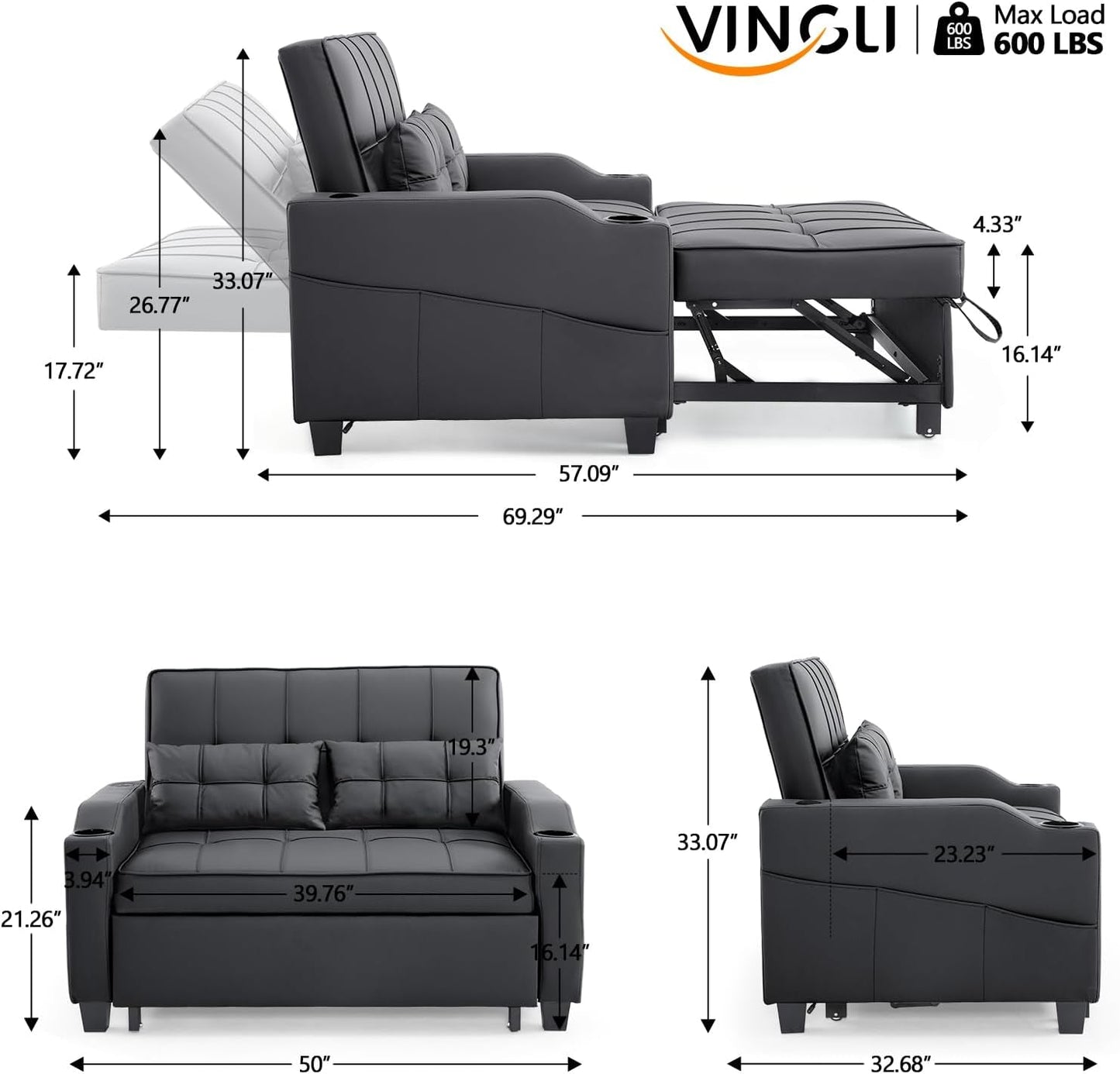 Black Leatherette Convertible Sleeper Sofa With USB