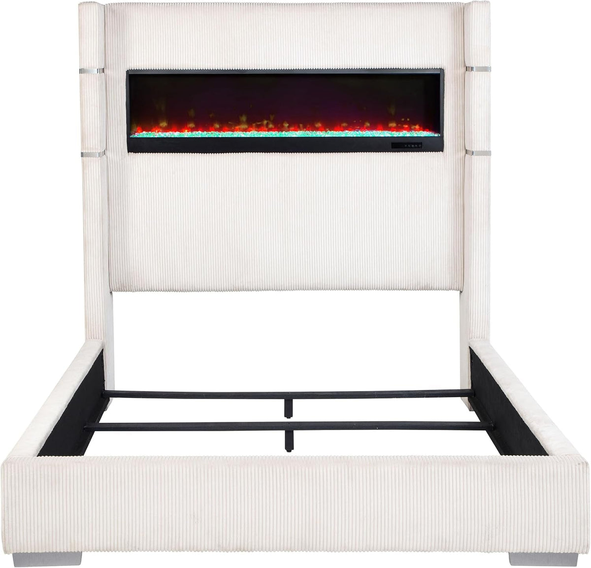 Queen Bed Cream Upholstered High Headboard Textured