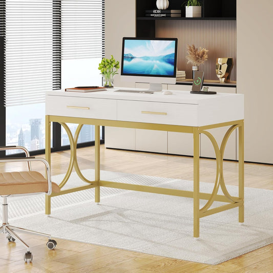 White And Gold 41Inch Workstation Desk With Drawers