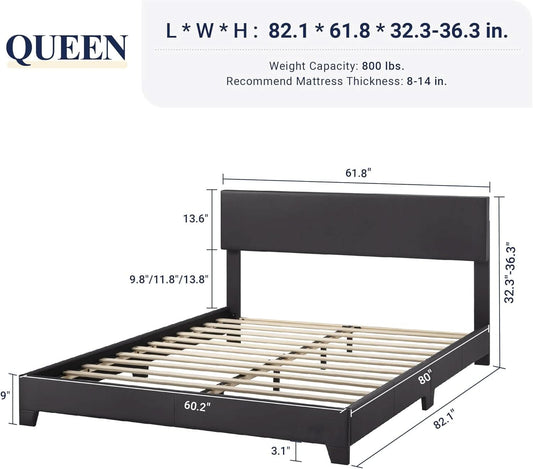 Queen Bed Frame Black Adjustable Headboard Faux Leather