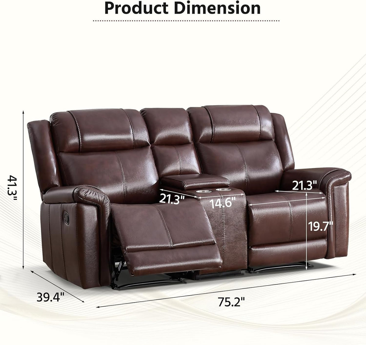 Genuine Leather Manual Overstuffed Loveseat Recliner Brown