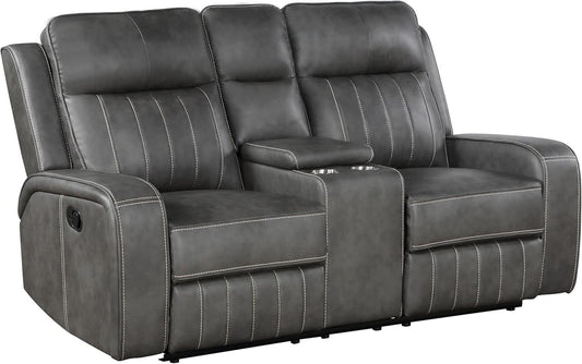 Gray Faux Leather Reclining Loveseat With Manual Recline