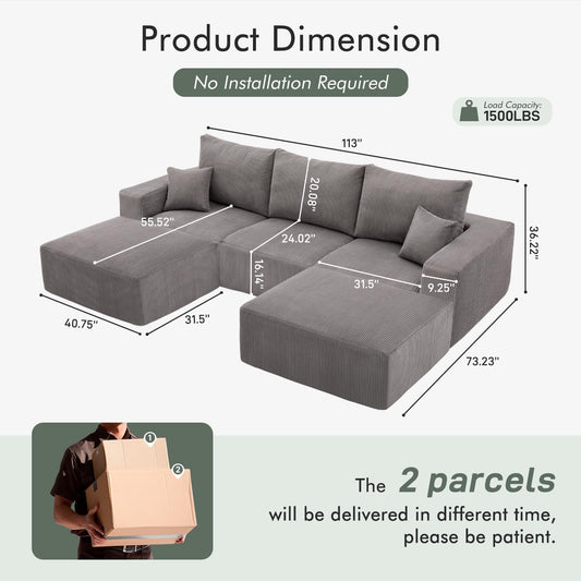Gray 113 Inch Modular Upholstered Sectional Sofa Sleeper
