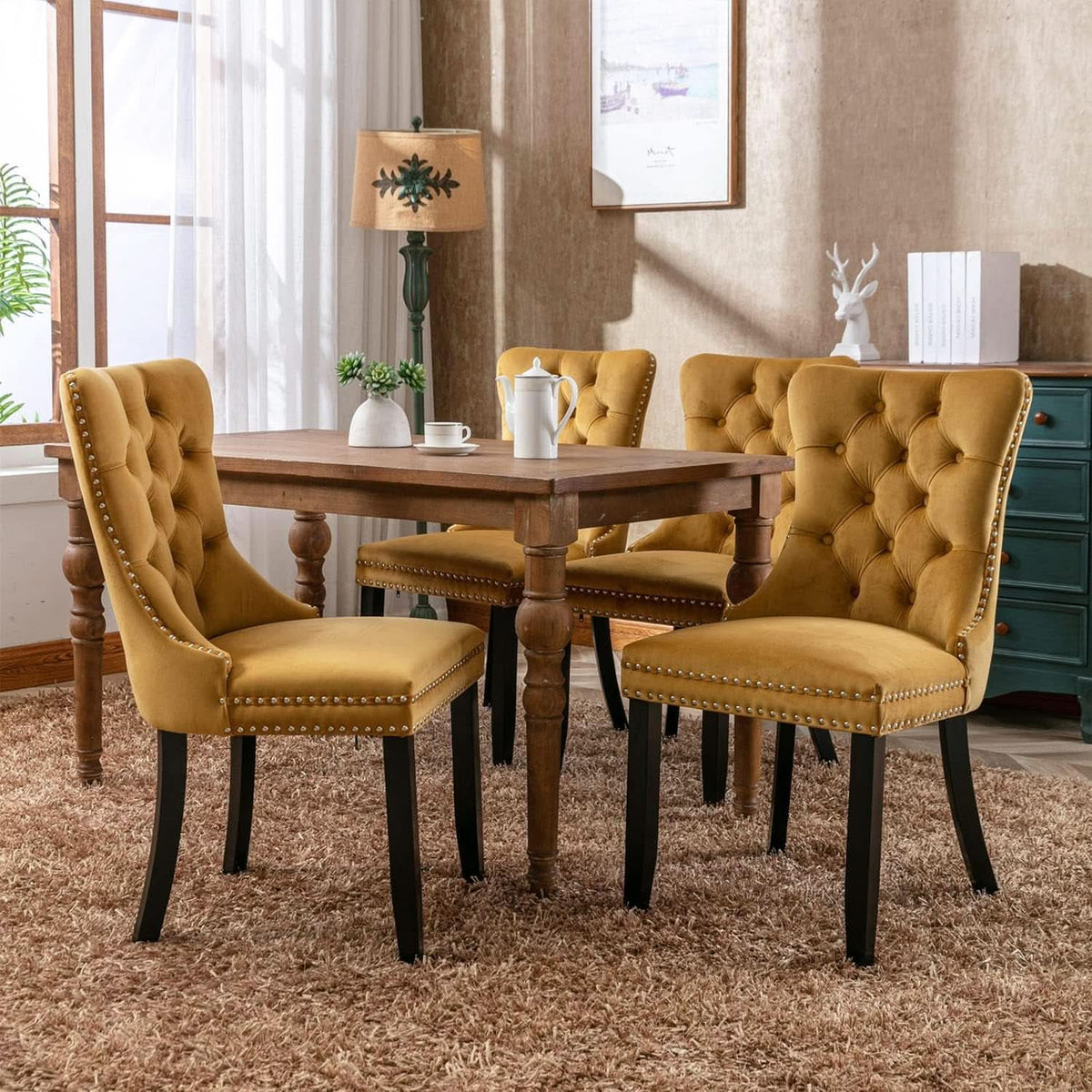 Velvet Tufted Dining Chairs Set Of Four Gold Finish