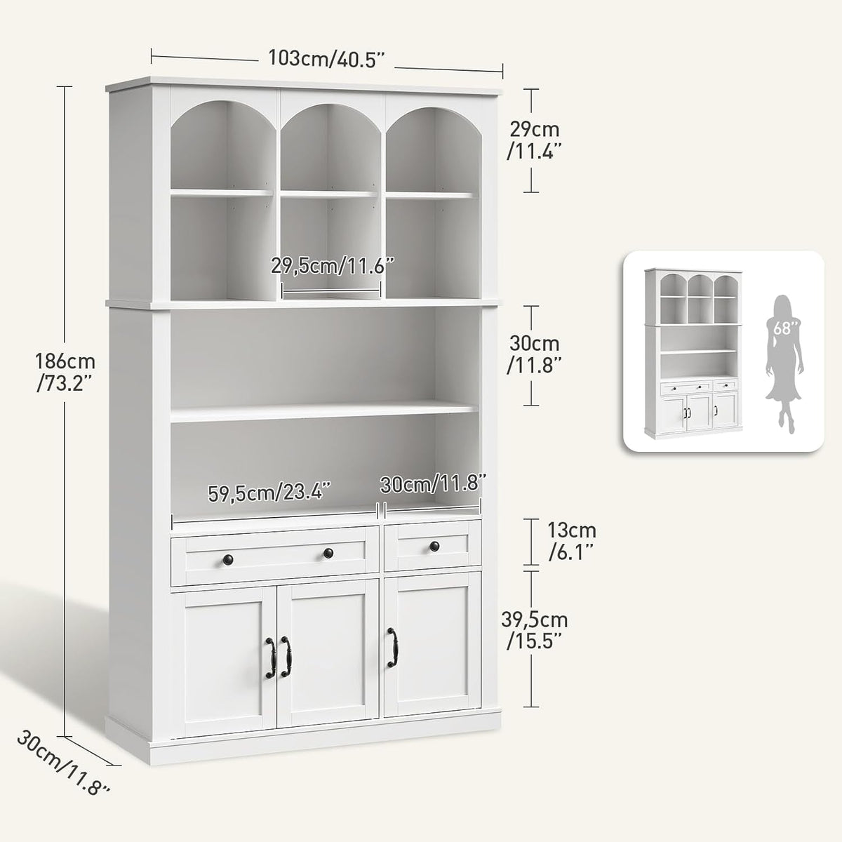 White Farmhouse Arched Bookcase Featuring Large Drawer