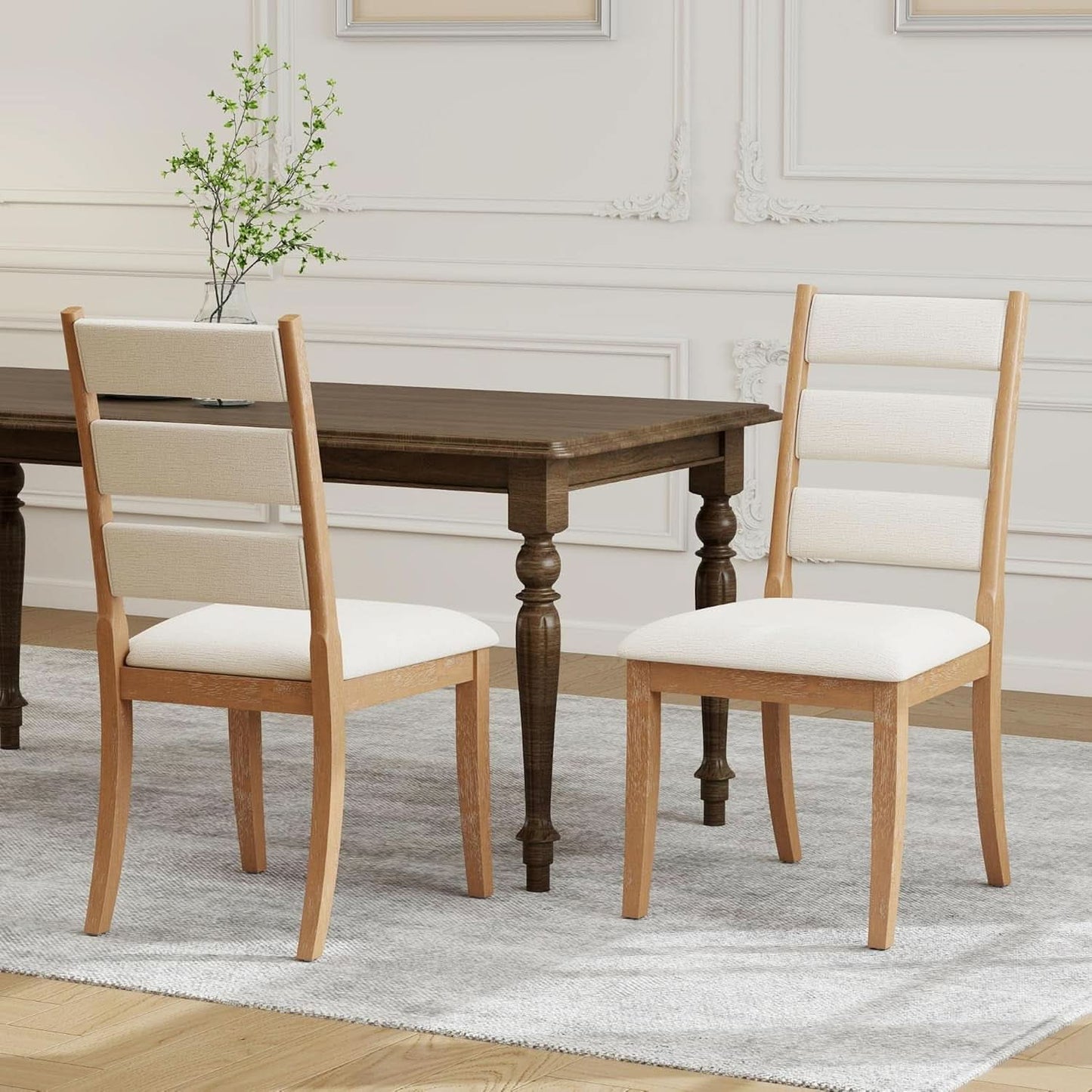 Farmhouse Ladder Back Dining Chairs Beige Upholstered