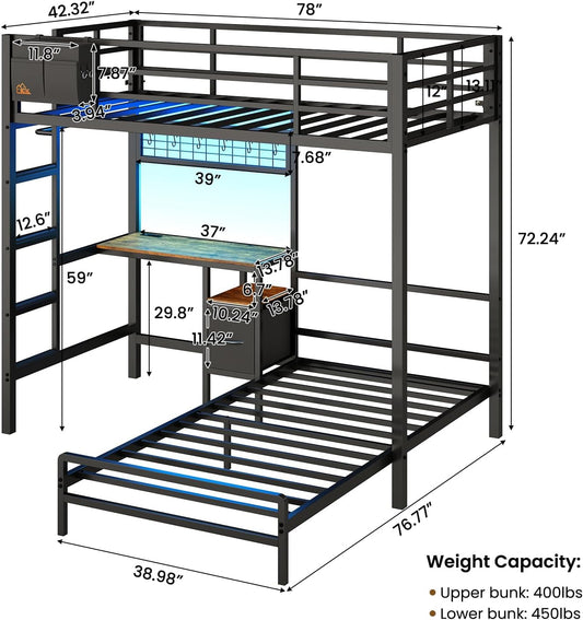 Twin Over Twin Bunk Bed With Desk Integrated LED Lighting