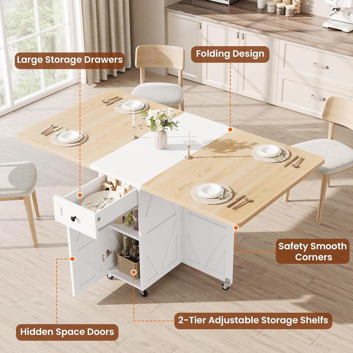 Foldable Dining Table Forty Seven Inch Wheels Durable