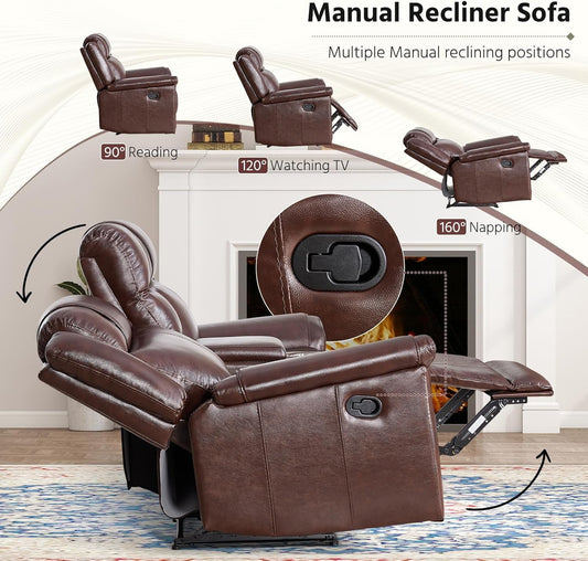 Genuine Leather Manual Overstuffed Loveseat Recliner Brown