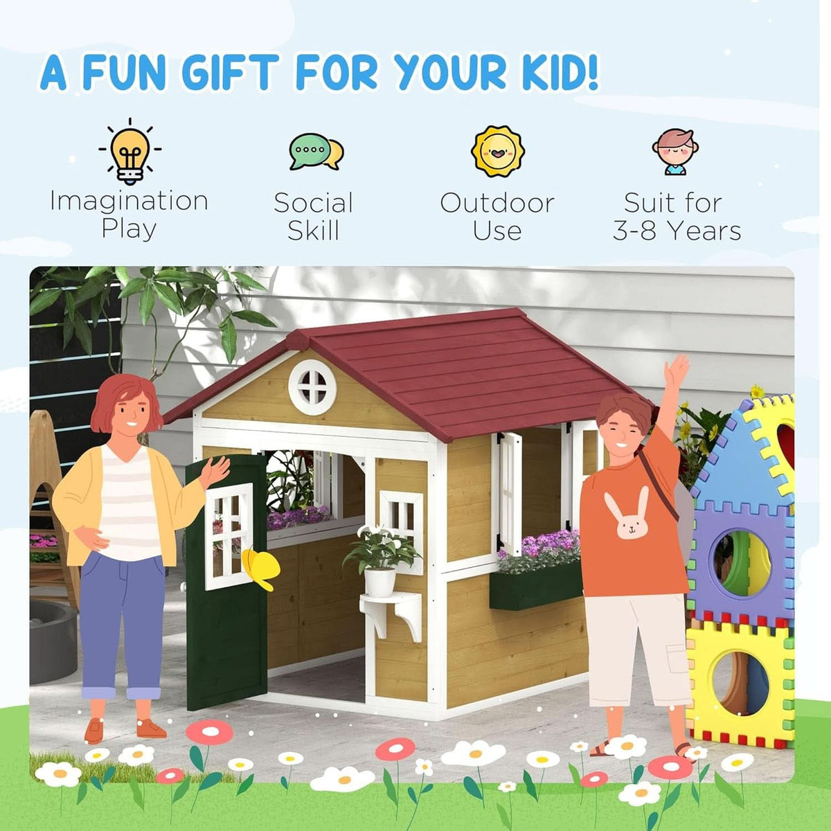 Beige Wooden Outdoor Playhouse With Expansive Windows