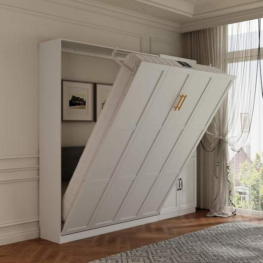 Queen Murphy Bed With Industrial Glass Cabinet White