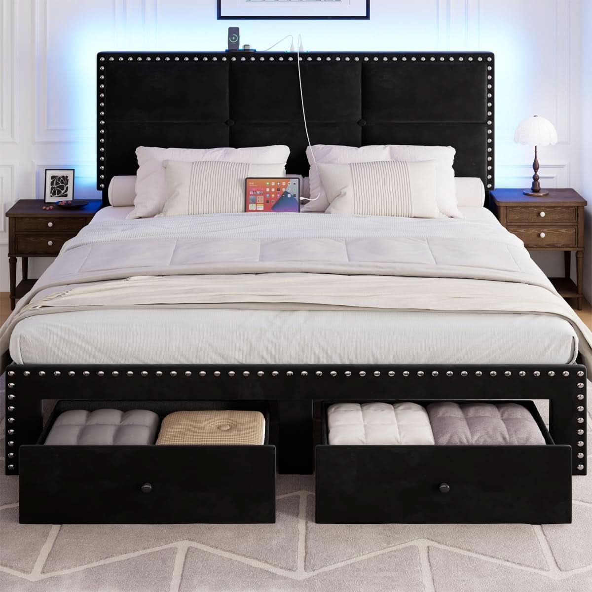 Queen Platform Bed Frame With Integrated Drawers USB Charge