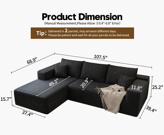 Black Cloudlike Sectional Sofa Featuring Left Chaise