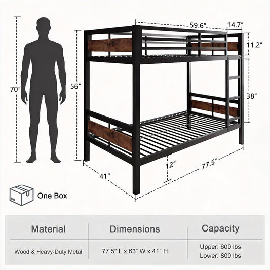 Twin Over Twin Metallic Bunk Bed Vintage Rustic Brown-1