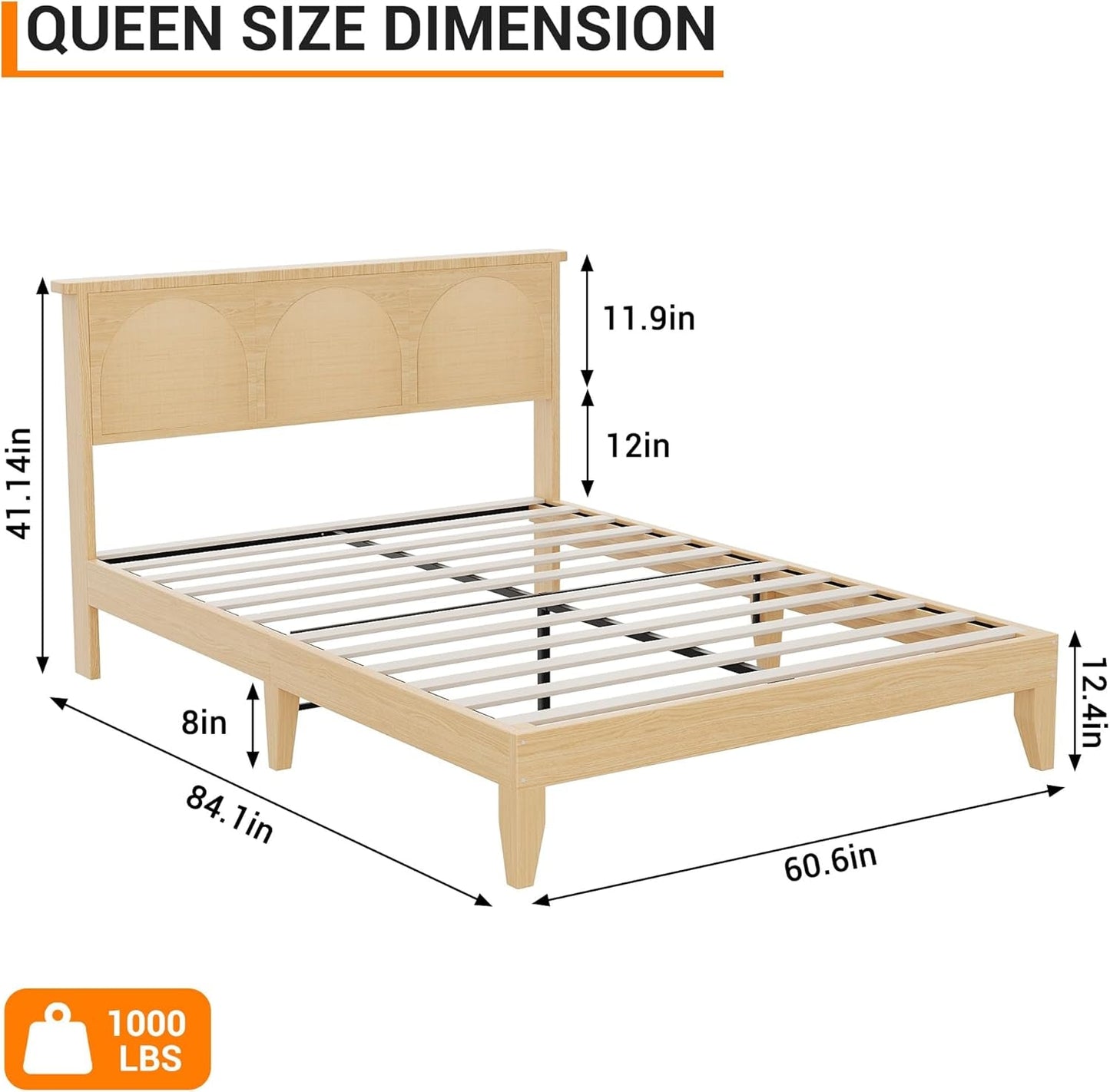 Natural Rattan Platform Bed Queen Headboard LED Underbed