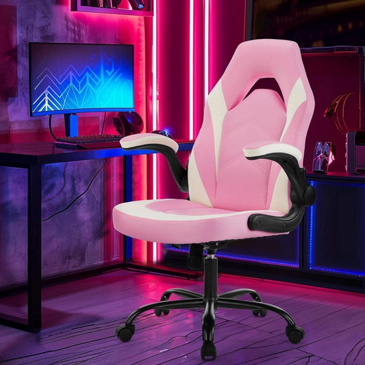 Pink Ergonomic Gaming Desk Chair With Adjustable Armrests